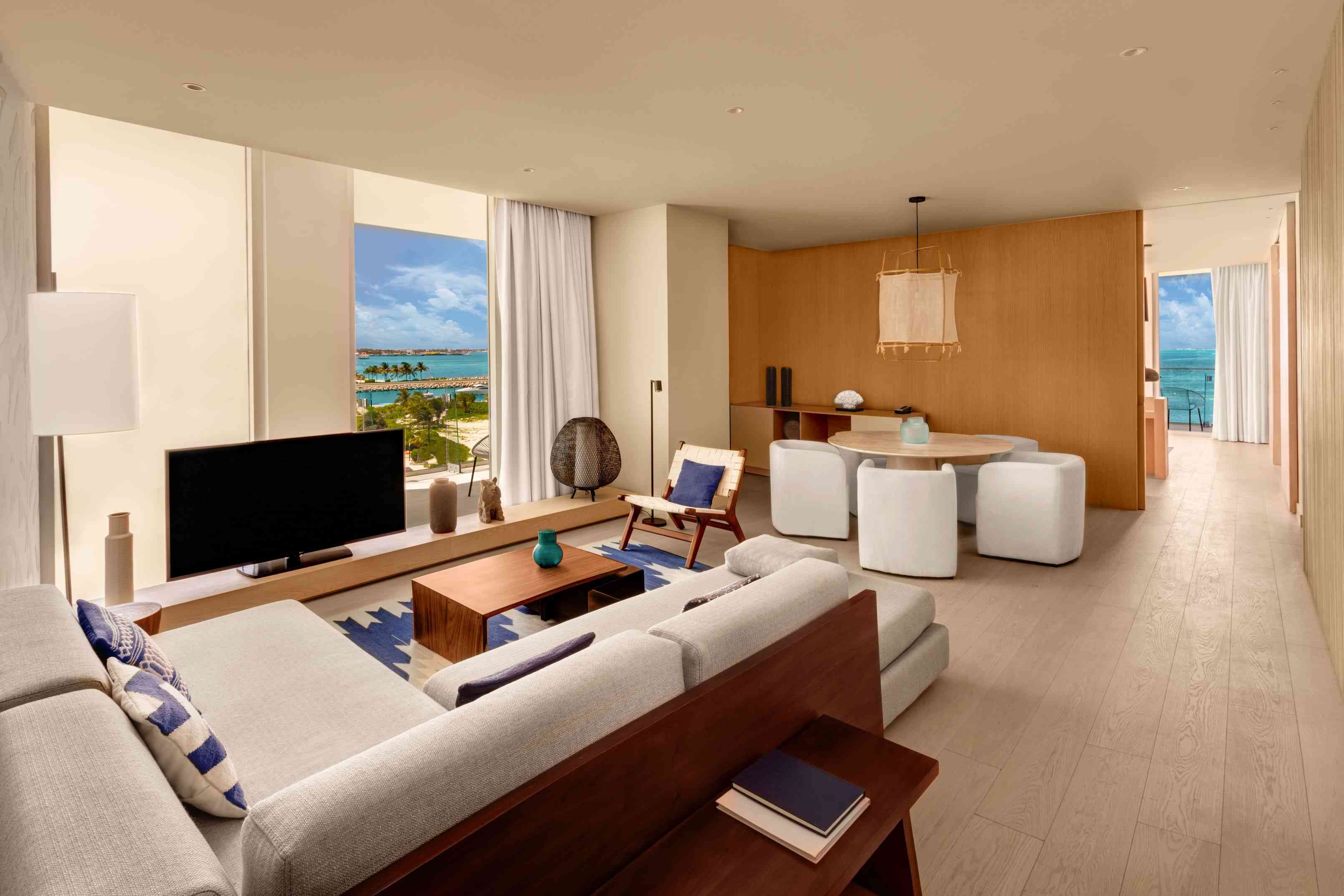 Living room with dining room table