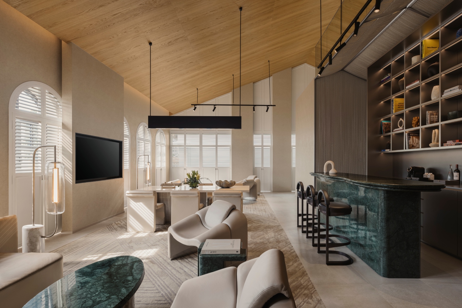 Living space, couch, TV, bar etc