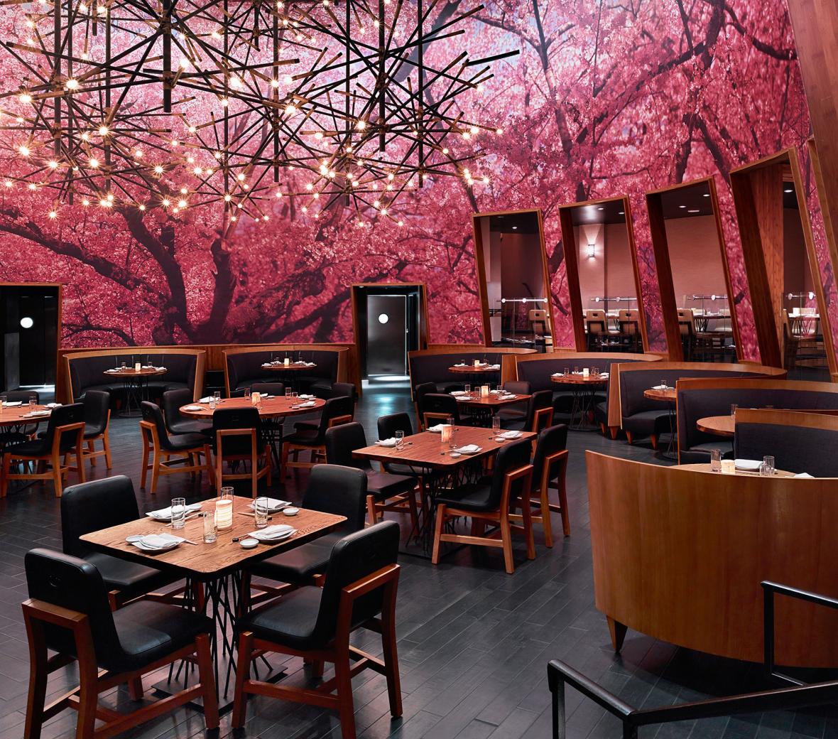 Kumi dining room featuring tables and chairs with an elaborate pink cherry blossom tree mural.