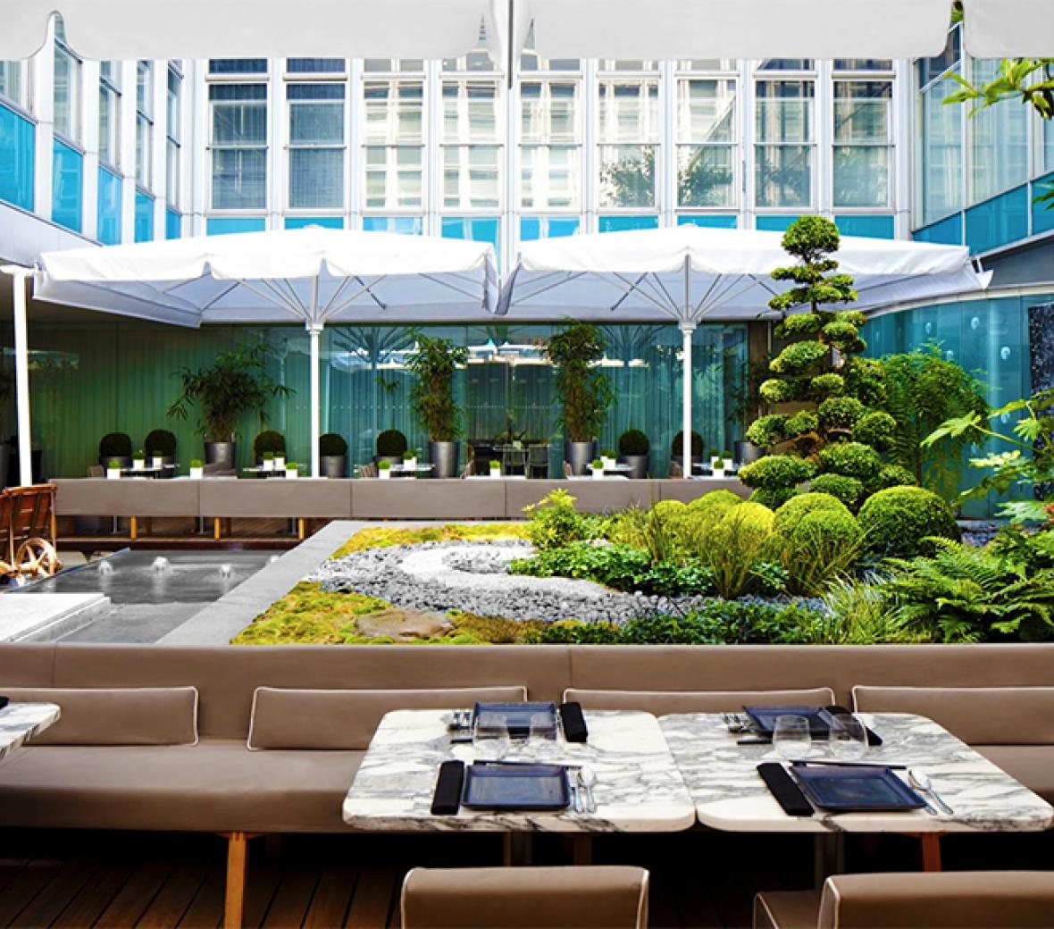 sanderson atrium with umbrellas and dining tables