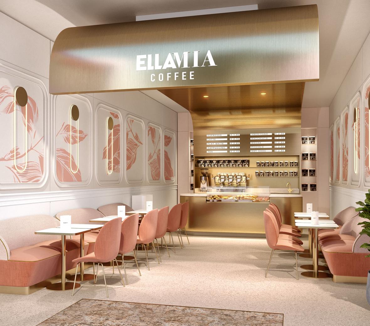 Ella Mia coffee bar with seating area and pink chairs
