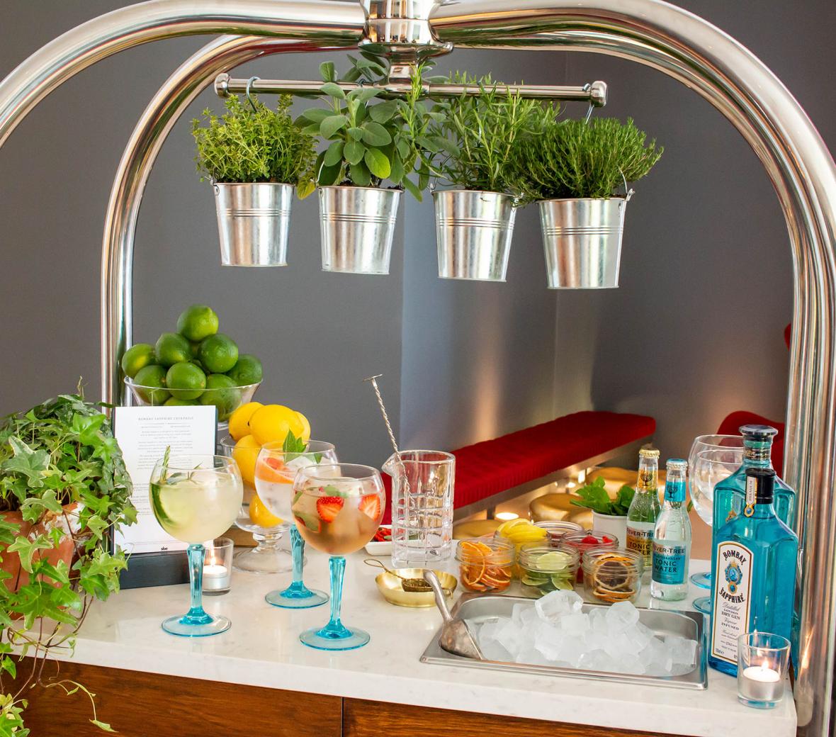 trolley with herbs and gin cocktails