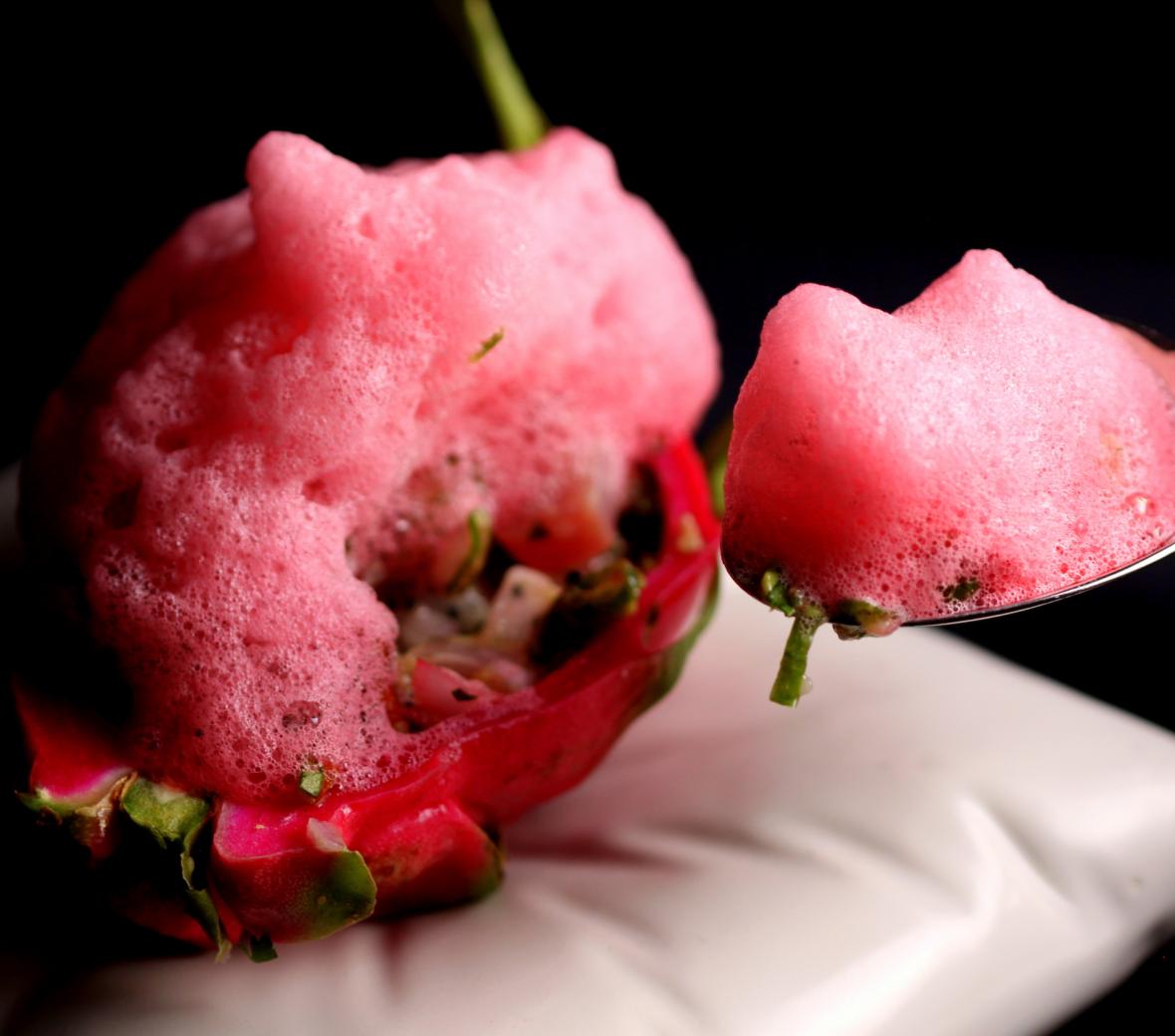 Bright pink foam on ceviche