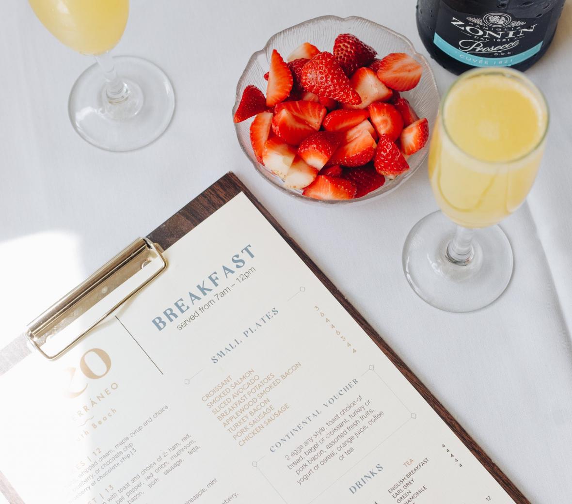 Cleo South Beach breakfast menu and mimosa