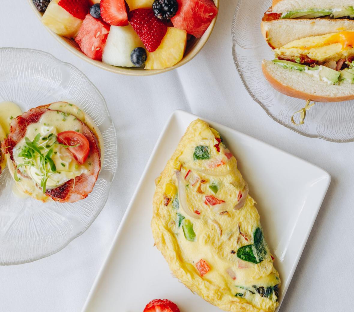 fruit dish and omelette