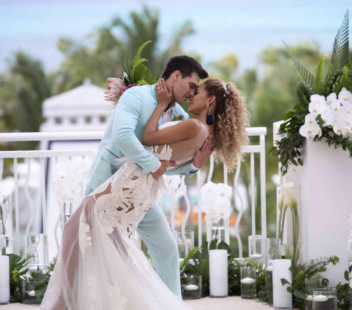 wedding couple on tropical balcony