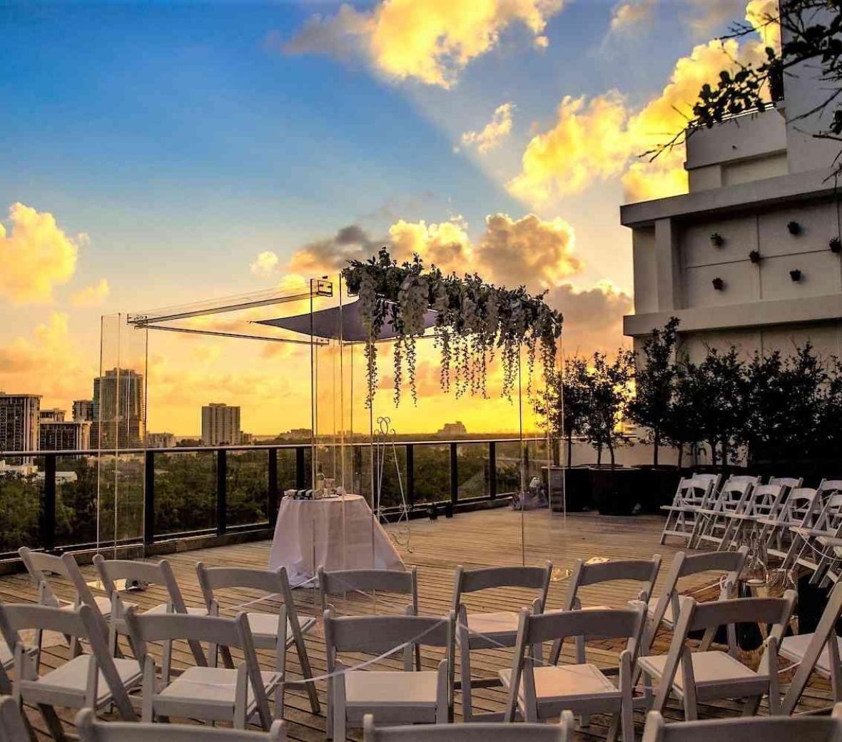 outside wedding set up at dusk