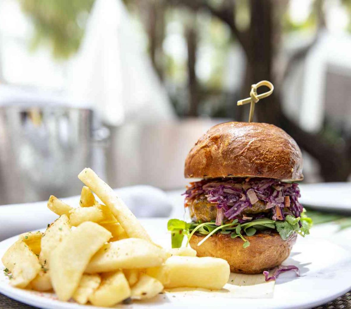 plated burger and fries