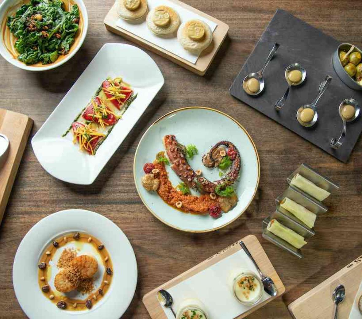 octopus and vibrant mix of food plates