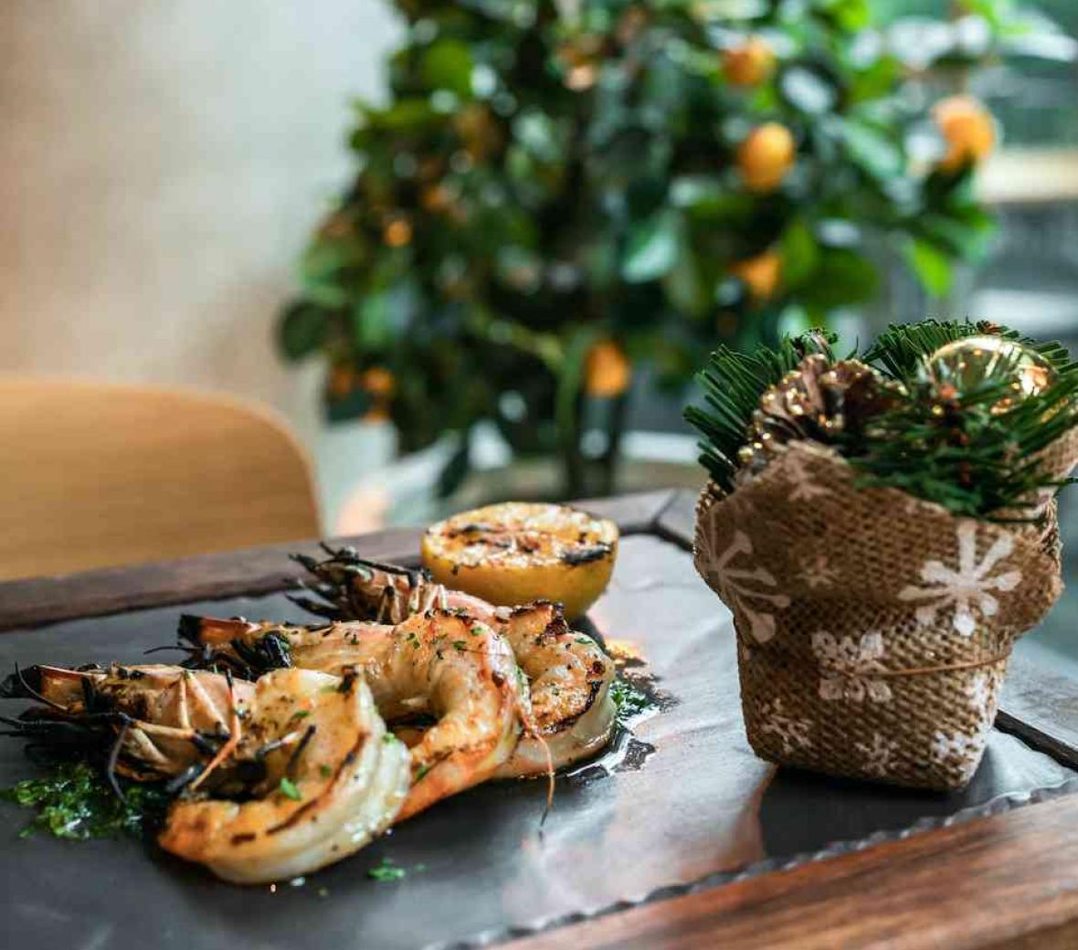 shrimp on platter in festive setting