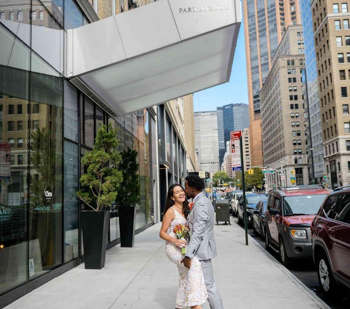 Bridge and groom outside of Mondrian Park Ave