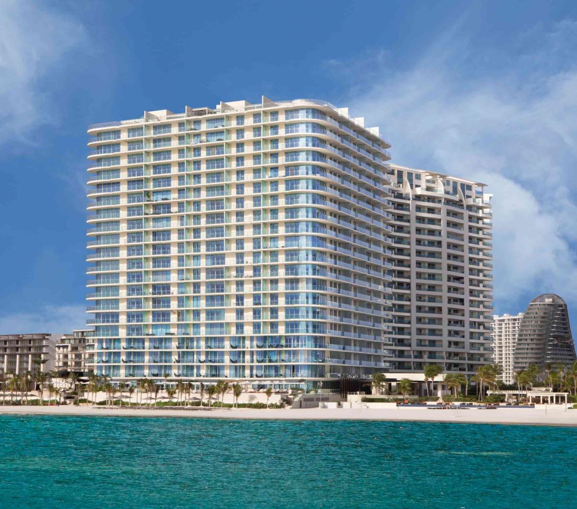 View from the ocean of the exterior of SLS Cancun