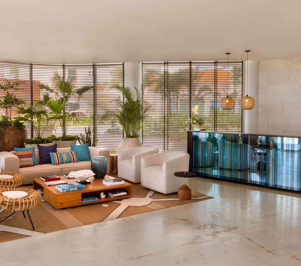 Seating area next to the Front desk at SLS Cancun