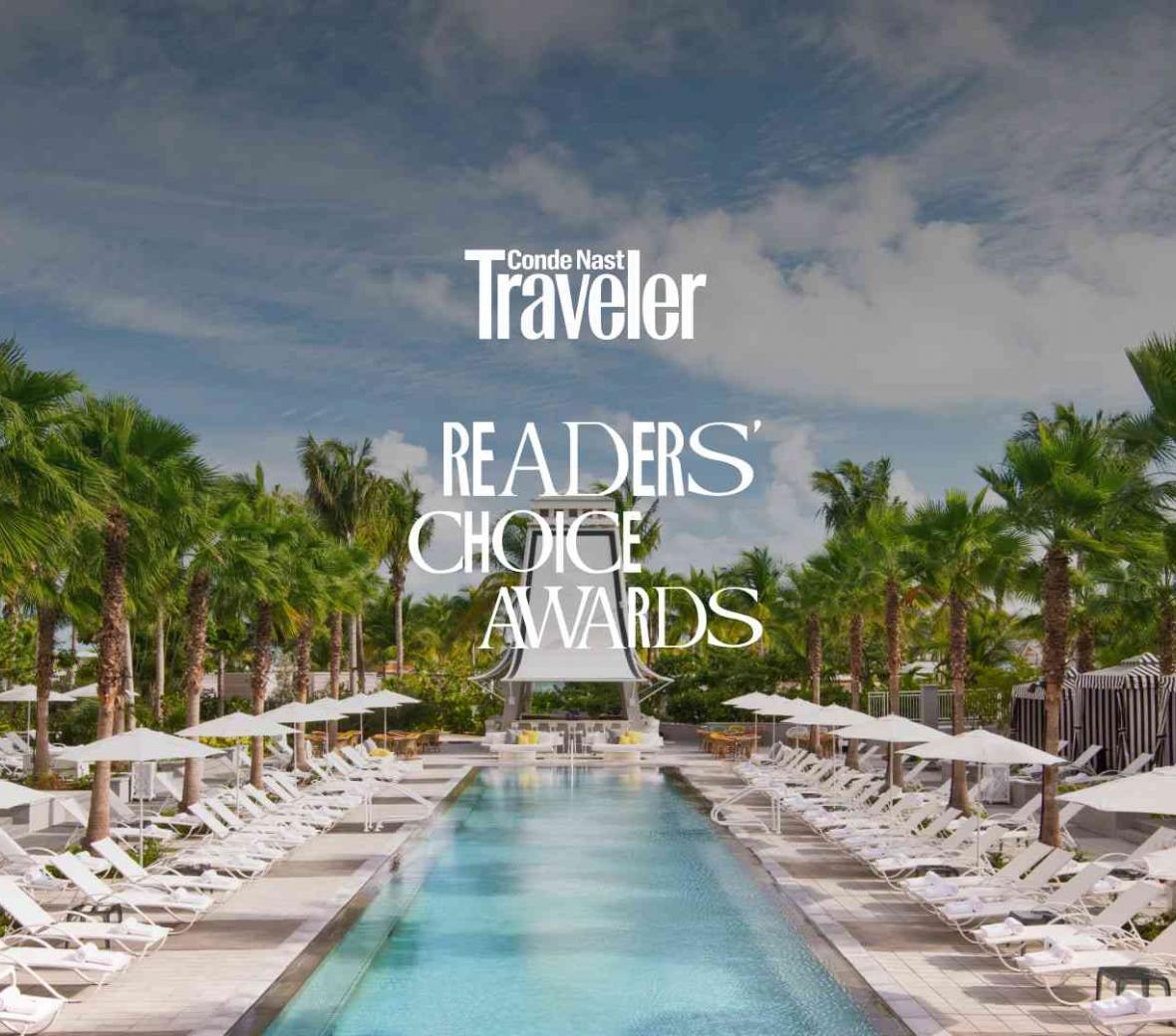 Conde Nast Traveler Logo over image of SLS Baha Mar Pool