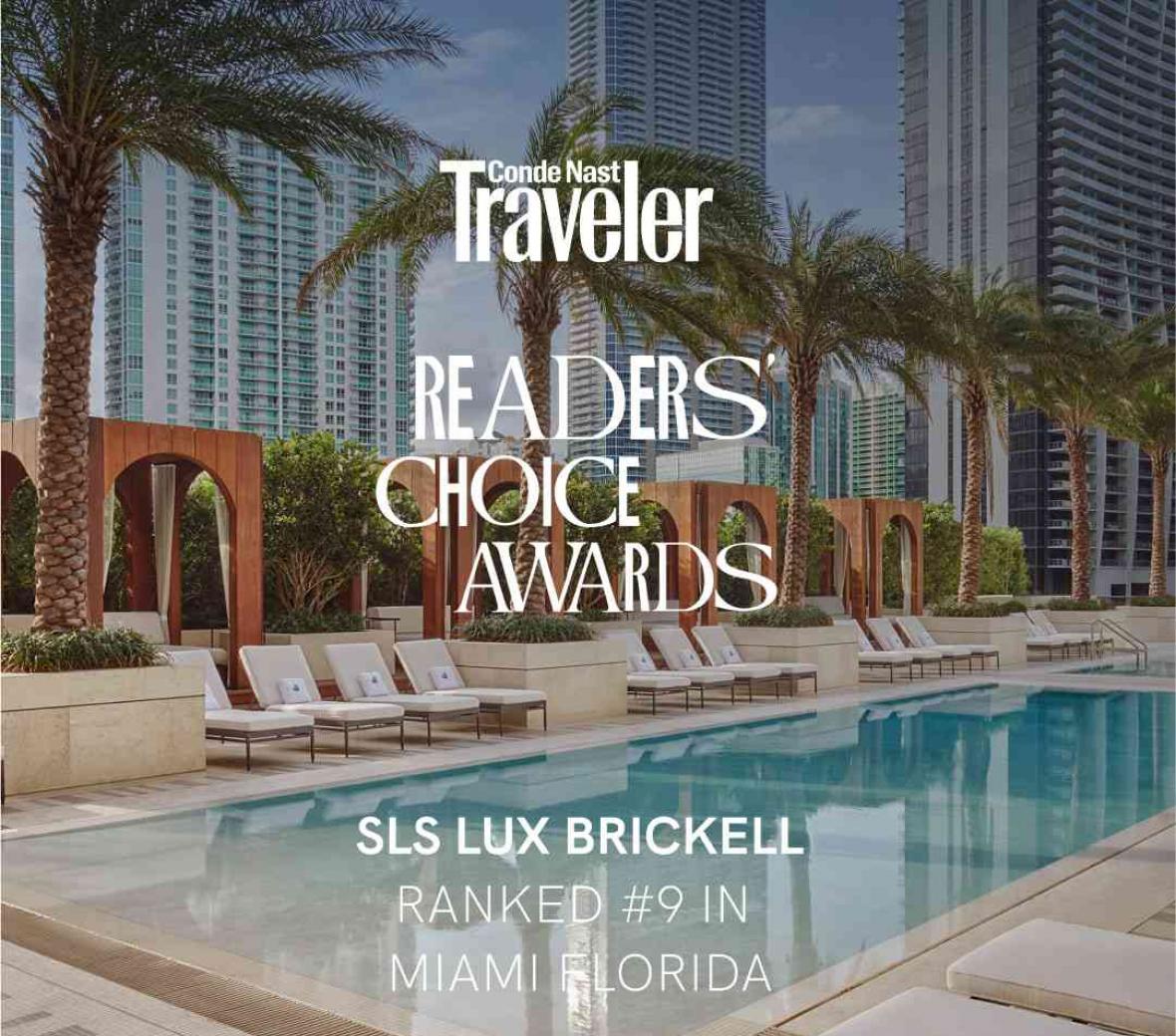 Readers Choice Award Logo on image of SLS LUX Brickell pool