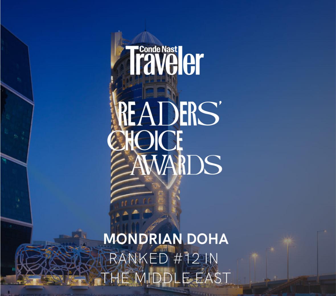 Readers Choice Award Logo on image of the exterior of Mondrian Doha