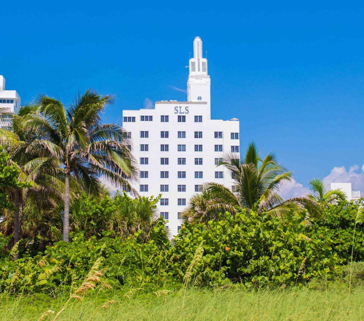 SLS South Beach Tower against green grass and palm trees
