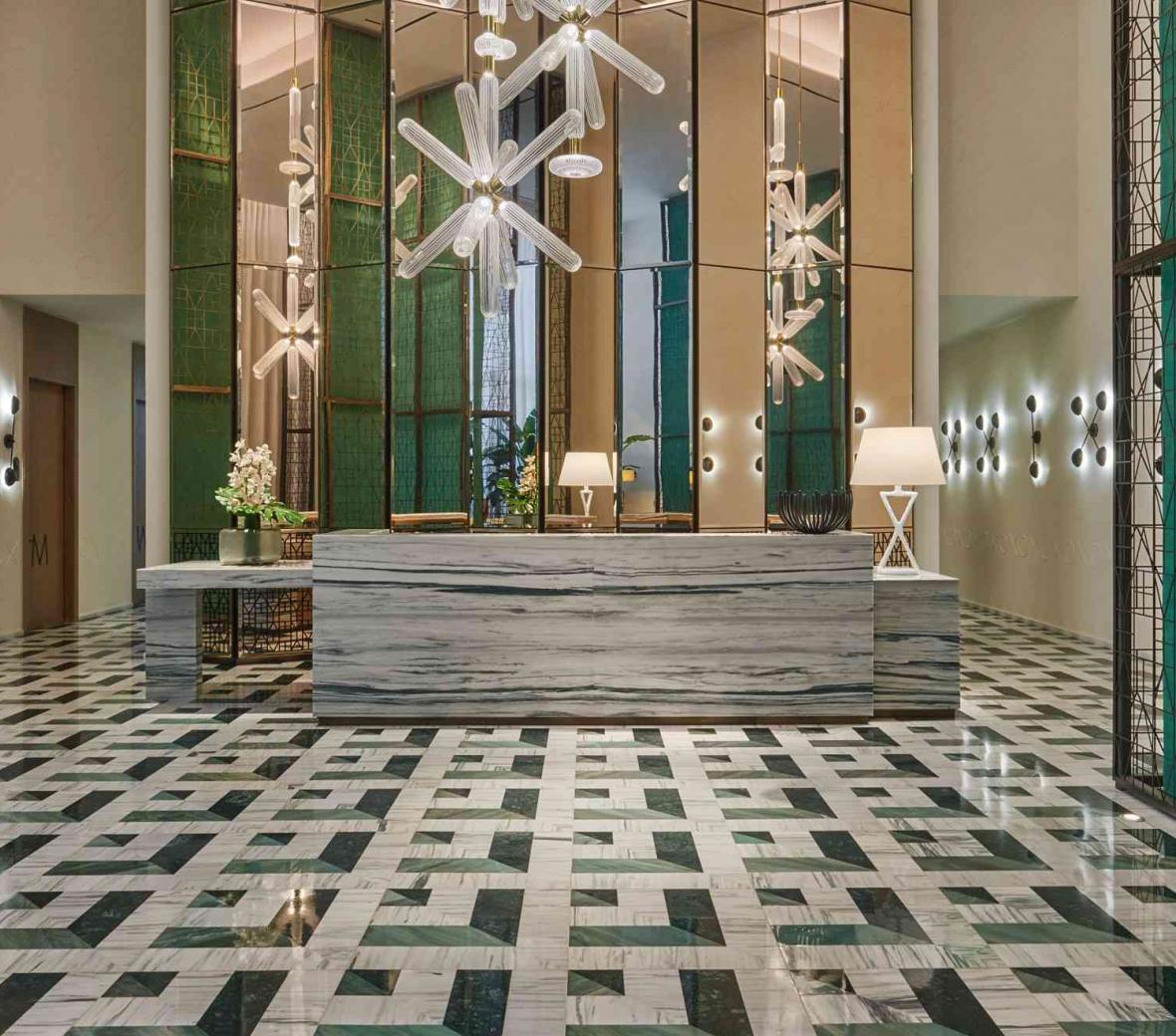 Marble lobby of SLS Lux Brickell