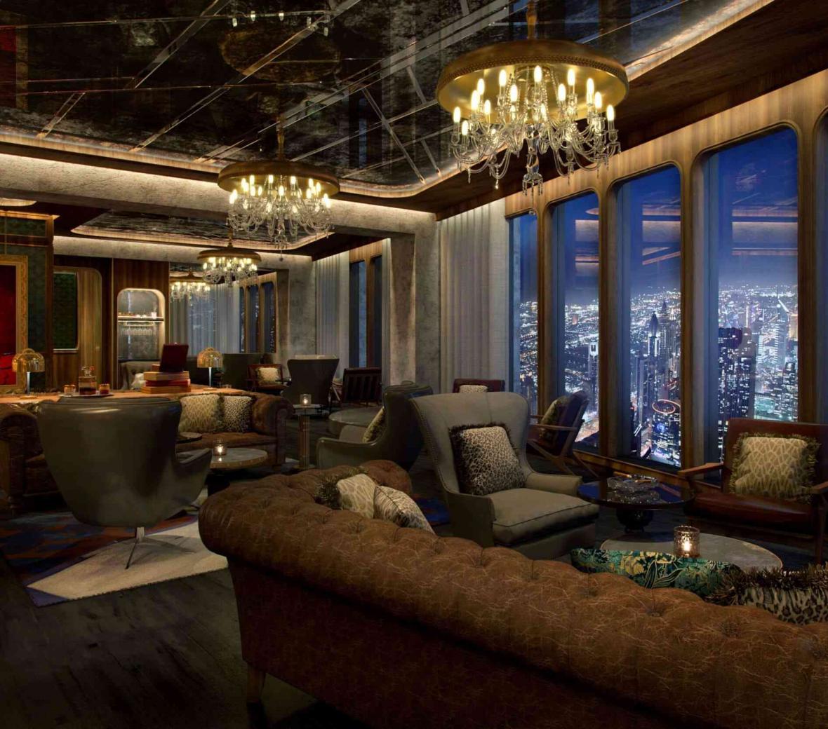 seating area at smoke and mirrors with view of city