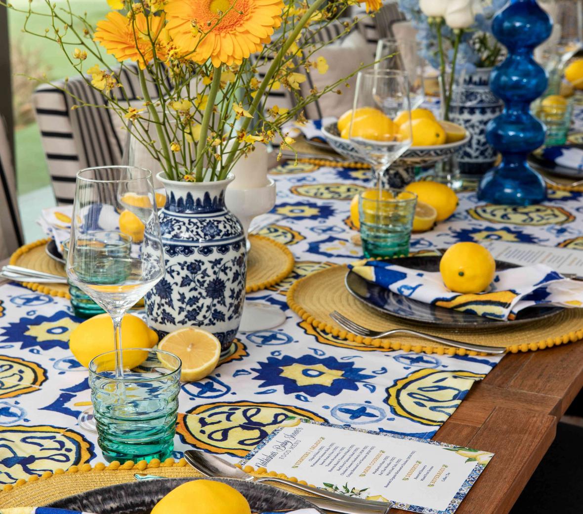 Yellow and blue flower arrangements