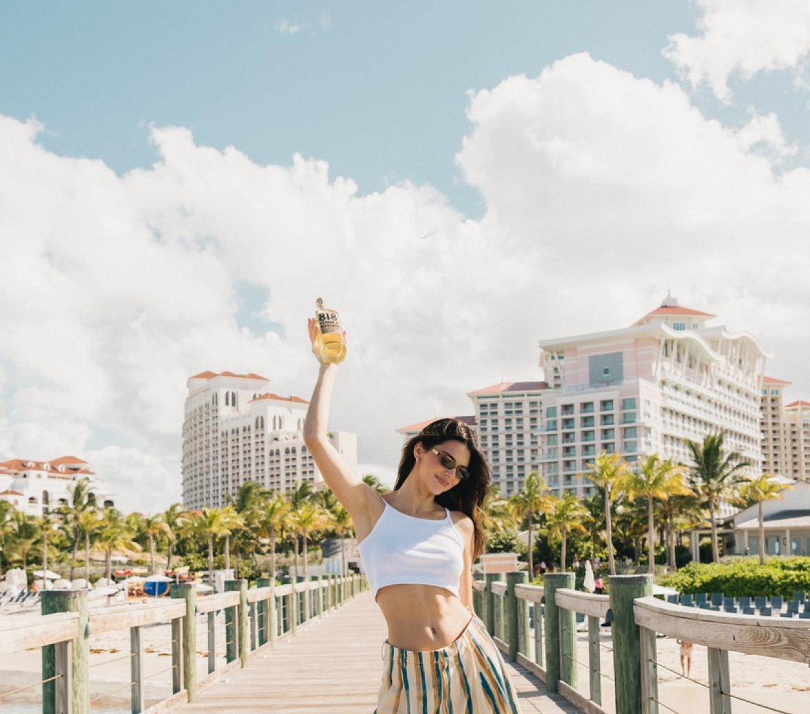 Kendall Jenner standing in SLS Baha Mar with Flamingos