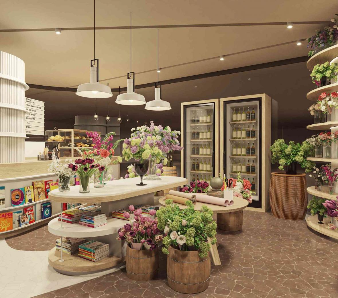 Entry way to The Flower Shop, filled with flowers