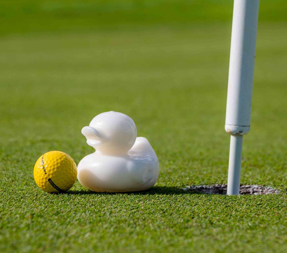 a yellow golf ball and white duck ball marker