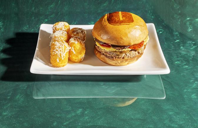 Umami Burger with Cheesy Potato Tots