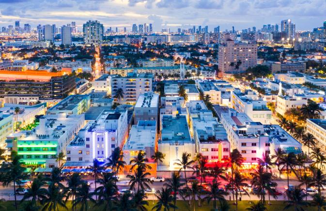 aerial view of nighttime miami
