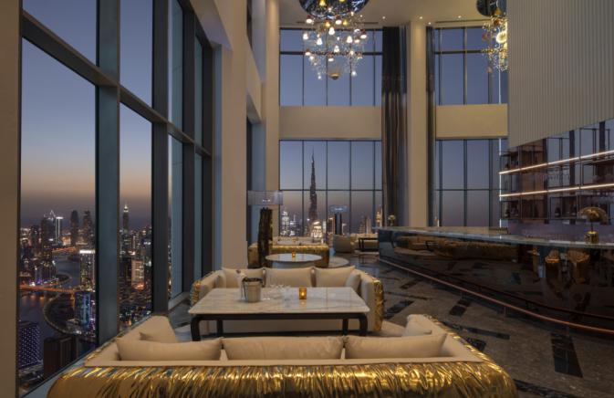 a lounge overlooking Dubai