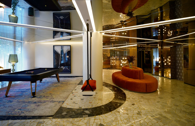 Mondrian Mexico City Condesa Lobby with pool table, swing, and couch