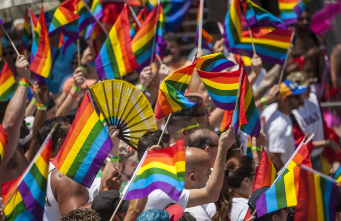 a big crowd of people holding pride flags in the air 