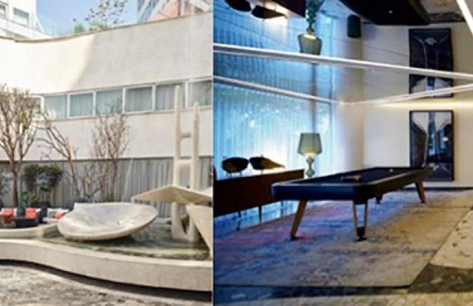two images split. left image exterior of mondrian Mexico City, second image is of the pool table in the lobby