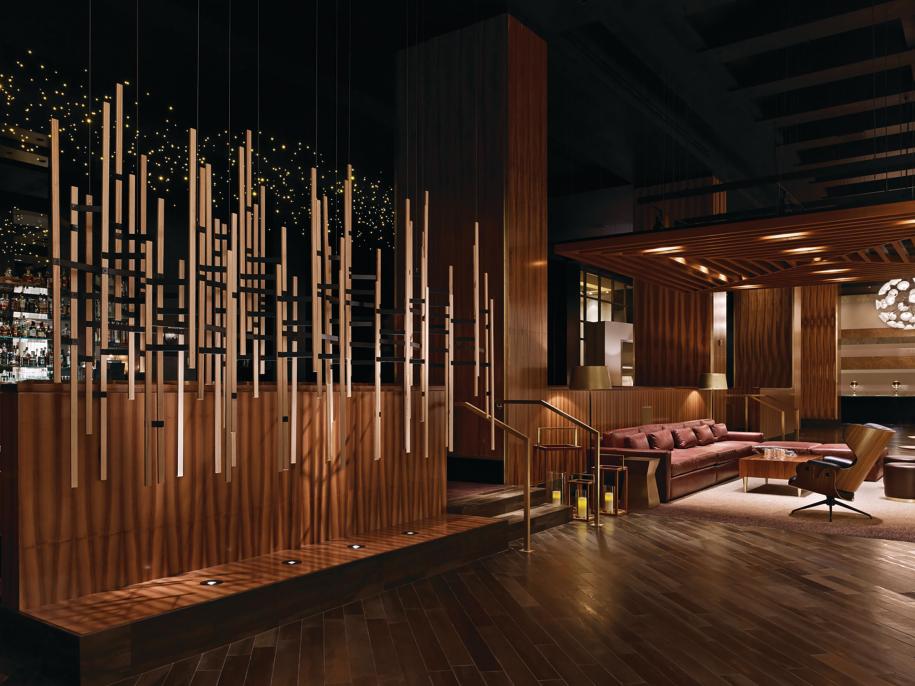 A hotel lobby featuring a modern art installation