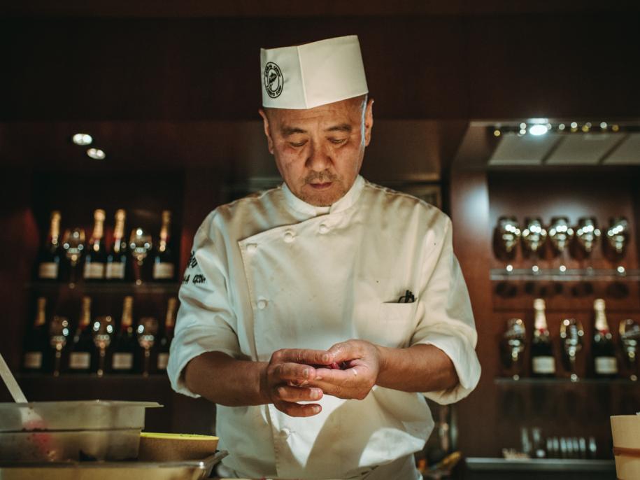 Chef Katsuya in his kitchen preparing a dinner service