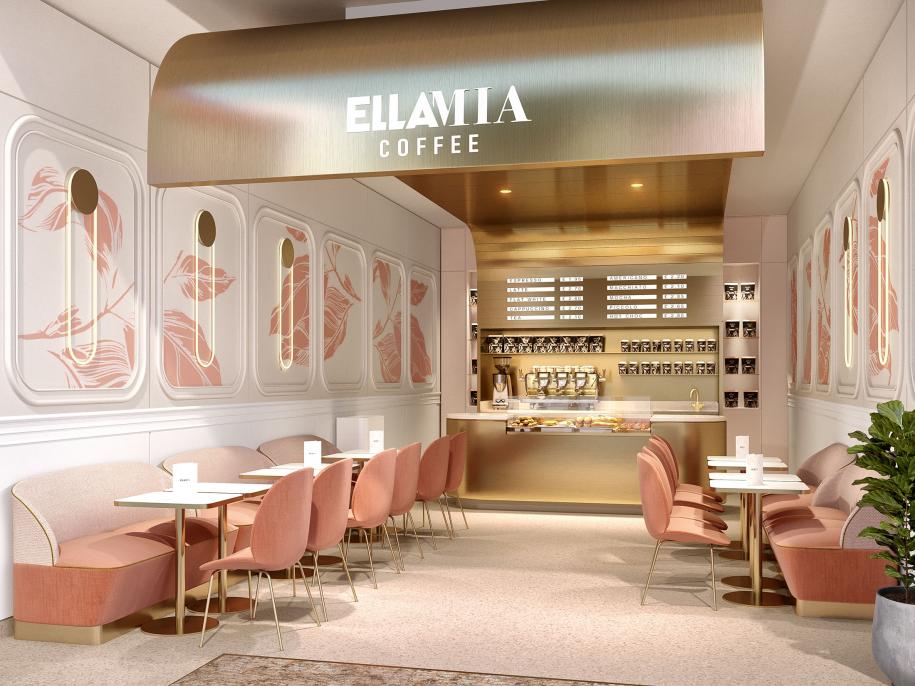 Ella Mia coffee bar with seating area and pink chairs