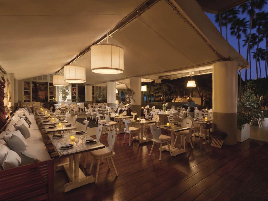 restaurant tables outside in the evening