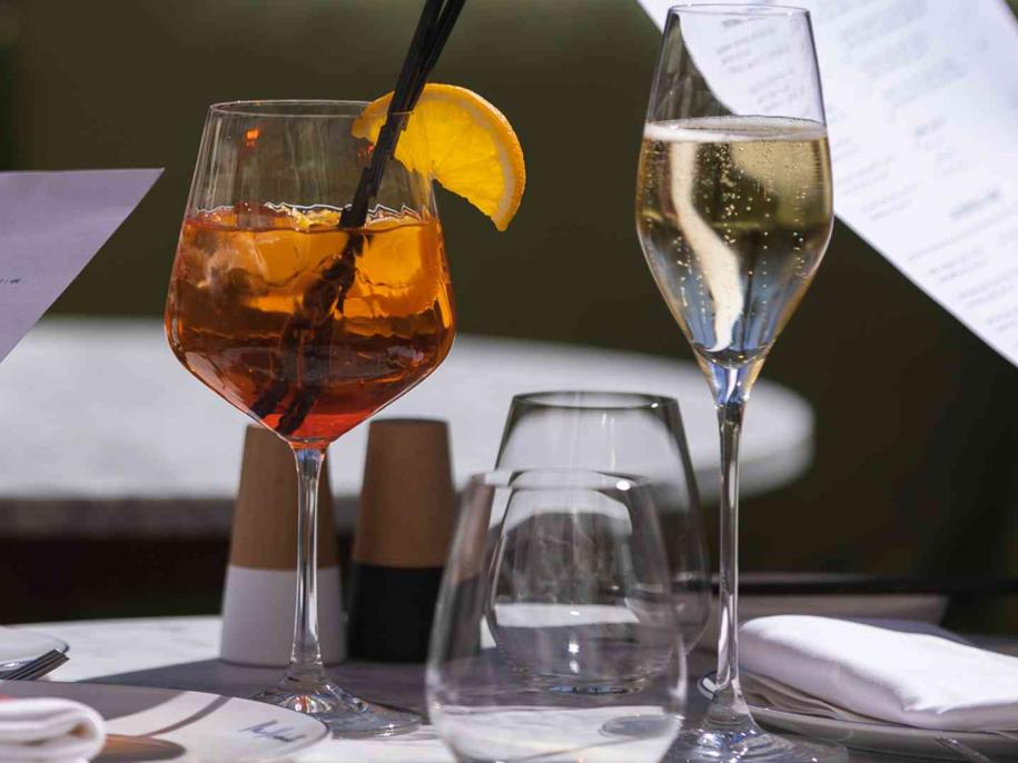 Wine glasses on an outdoor patio table