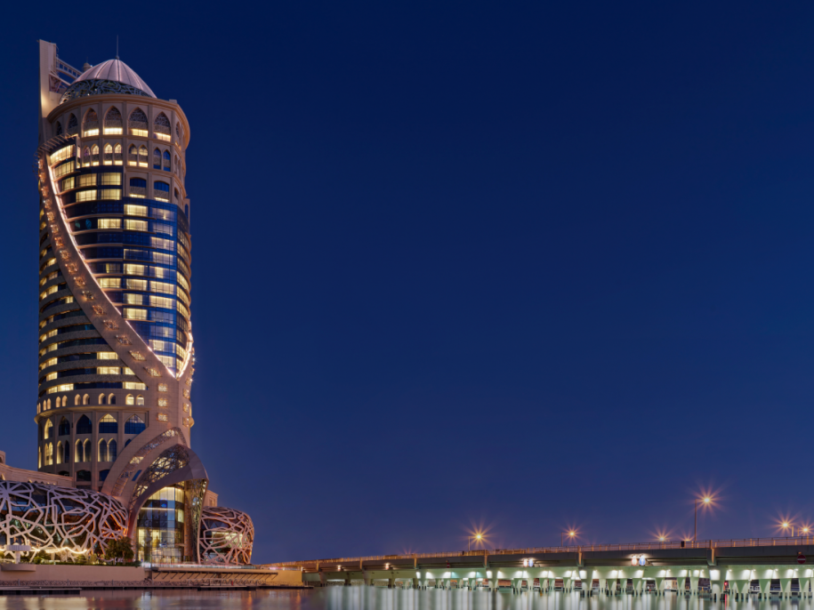 exterior of mondrian doha at night