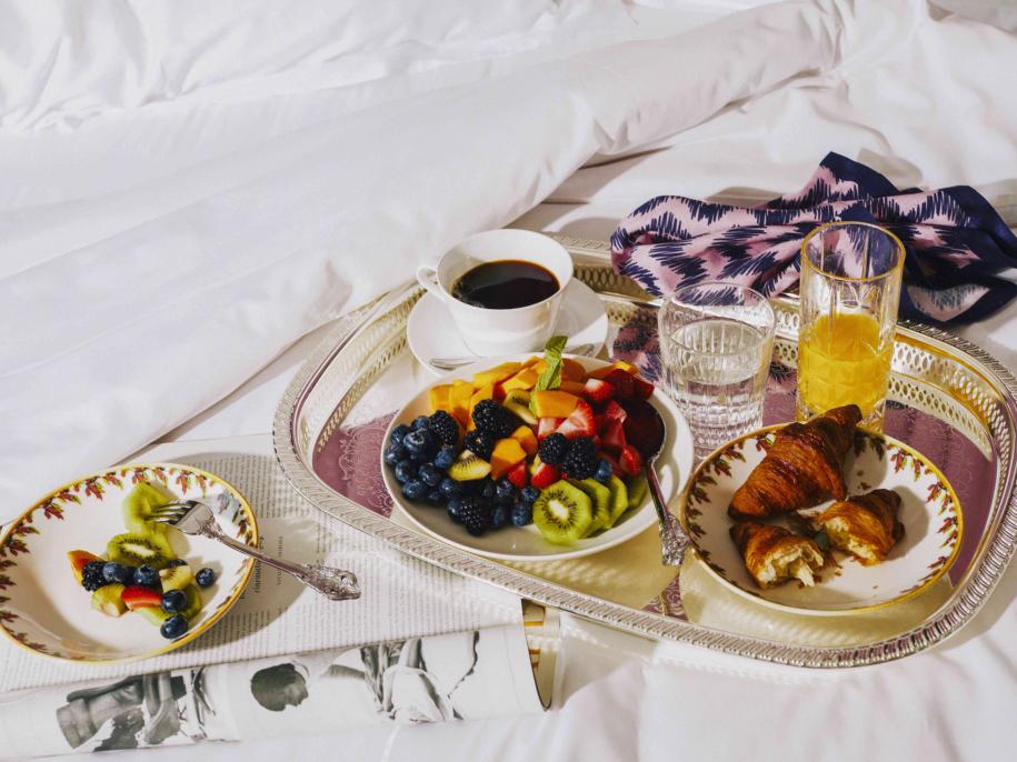 breakfast in bed on a silver tray