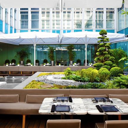 sanderson atrium with umbrellas and dining tables