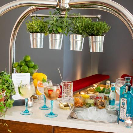 trolley with herbs and gin cocktails