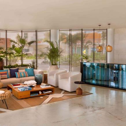 Seating area next to the Front desk at SLS Cancun