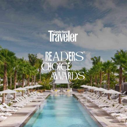 Conde Nast Traveler Logo over image of SLS Baha Mar Pool