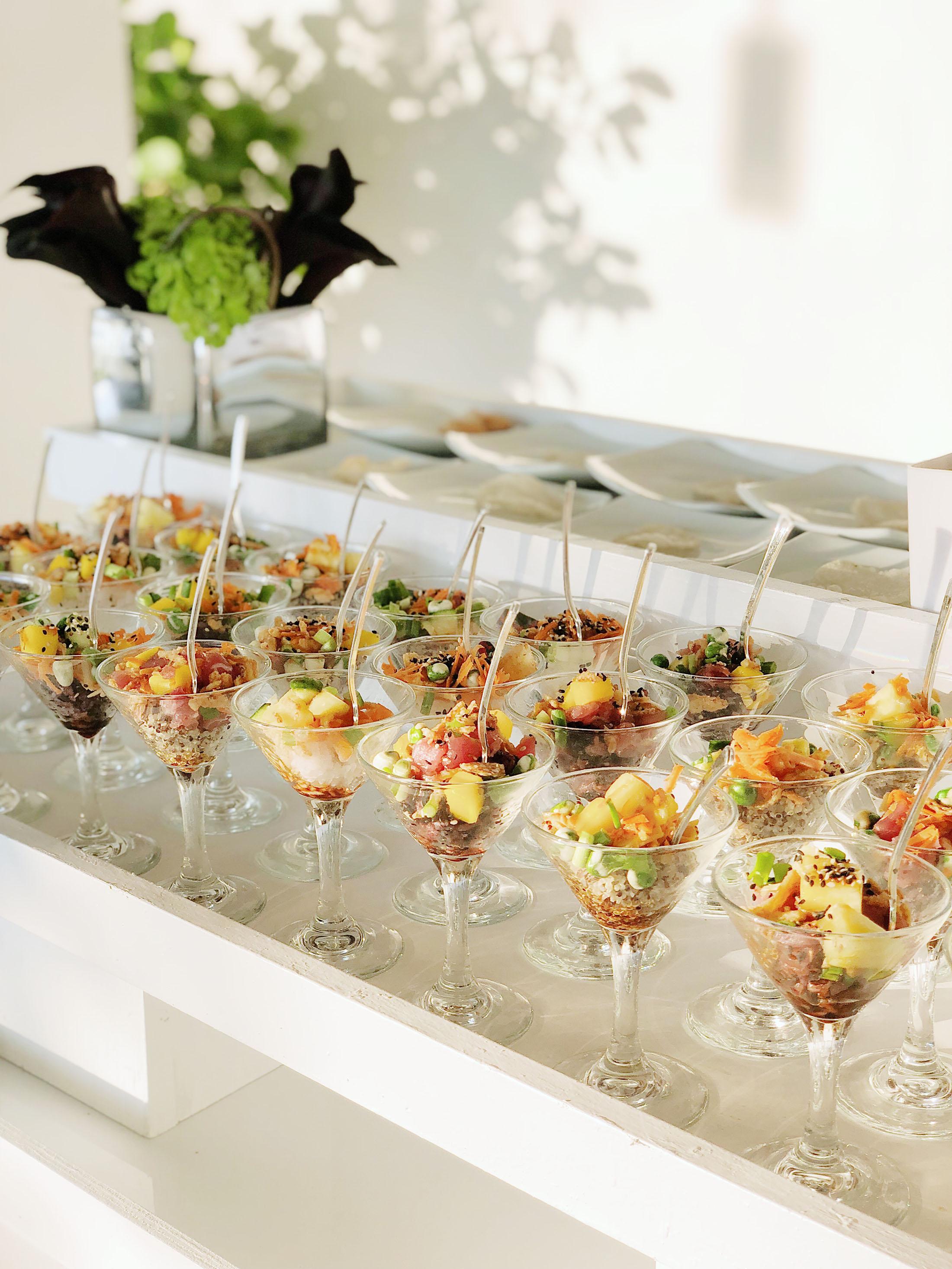 Martini glasses with food.