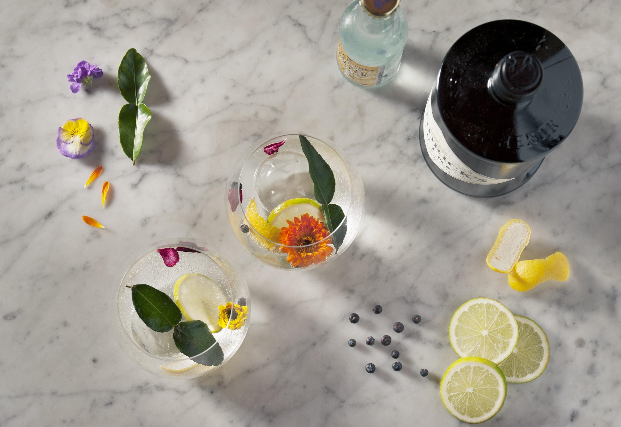 citrus, flowers and ingredients for a gin and tonic