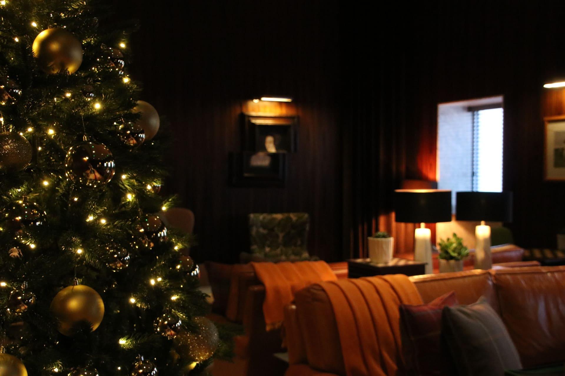 The Den lounge with a Christmas tree