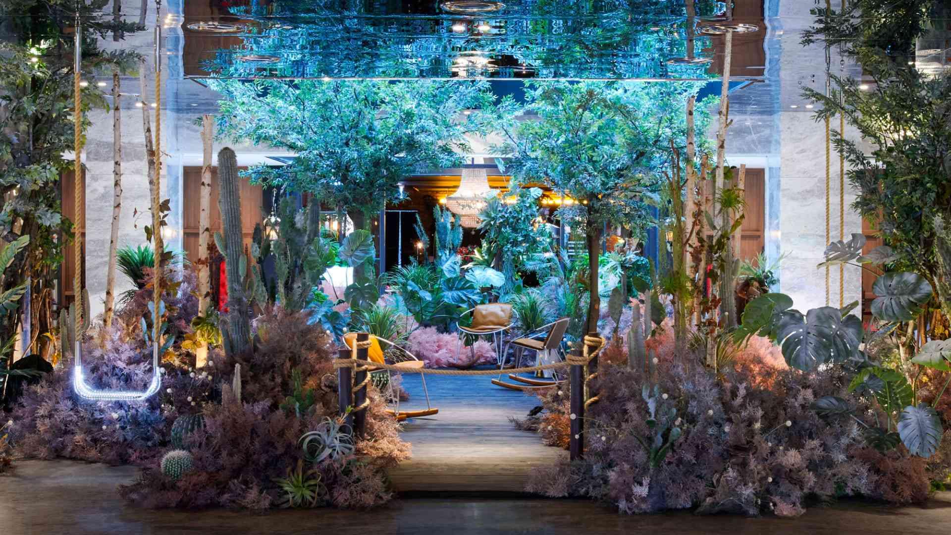 forest walk-way in the lobby of Mondrian Seoul