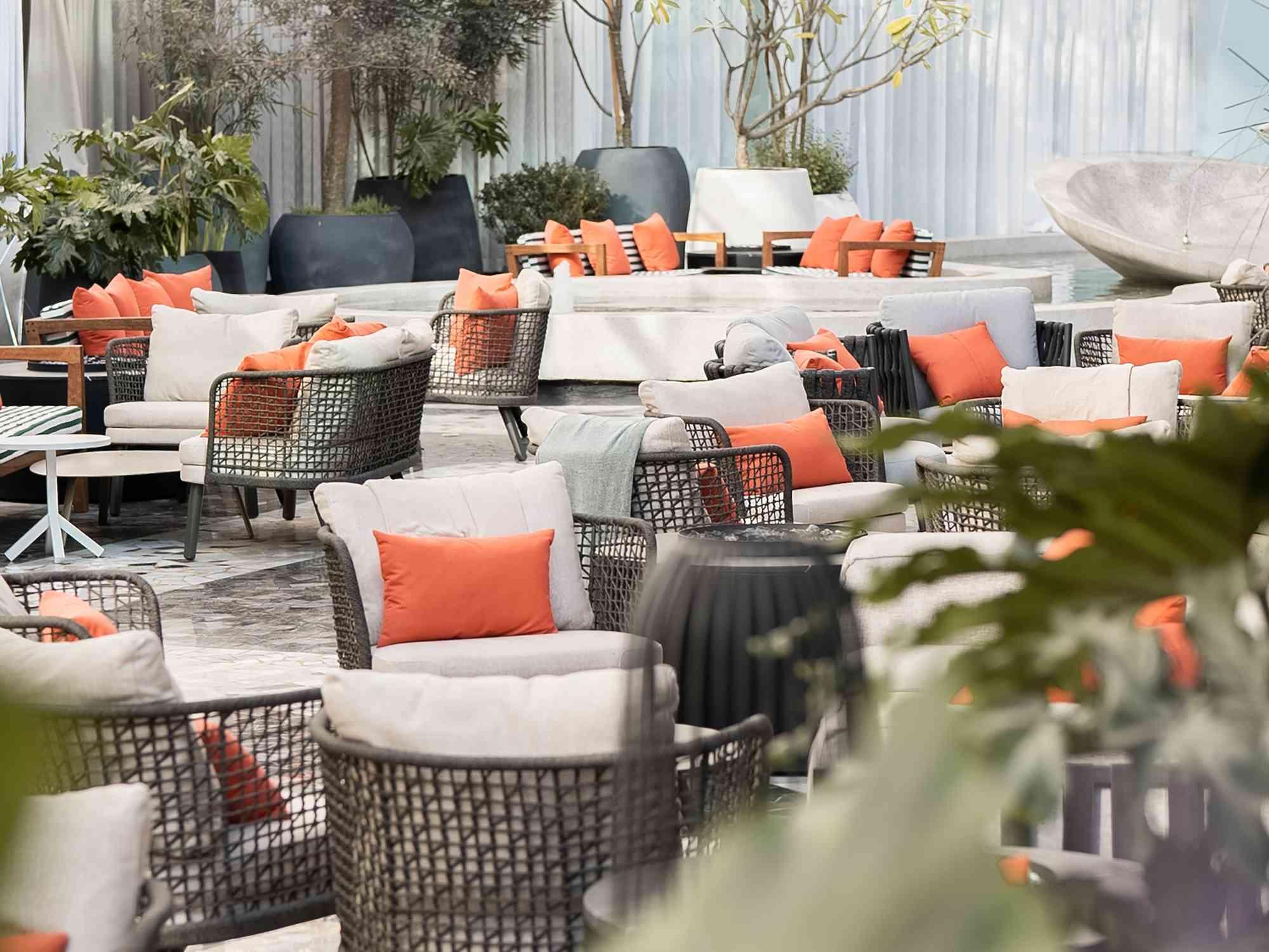 outdoor seating area at La Terraza with wicker furniture 
