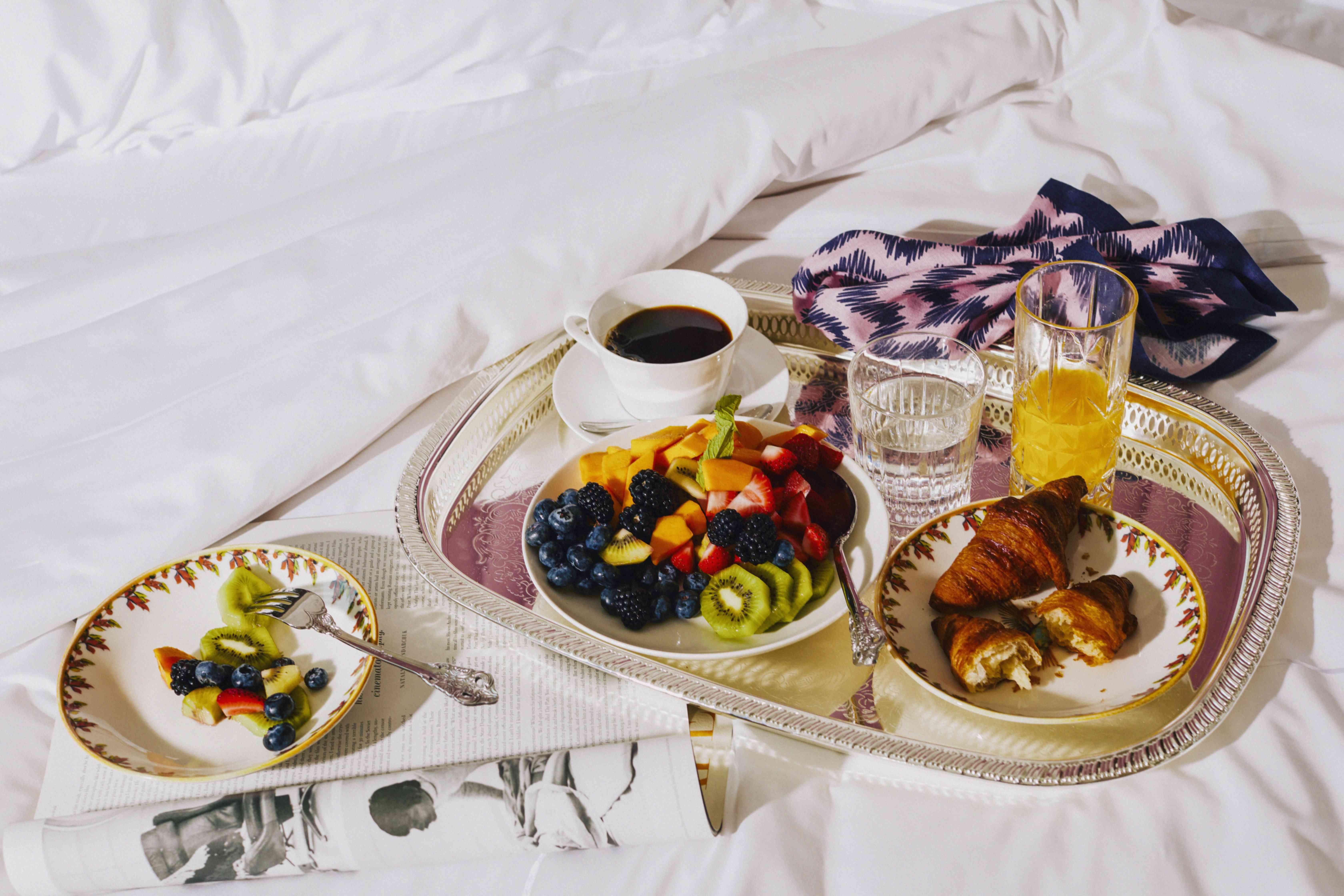 breakfast in bed on a silver tray